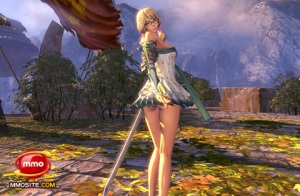 A sword master in a short, strapless dress from Blade & Soul.
