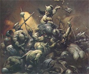 A barbarian killing a number of people.
