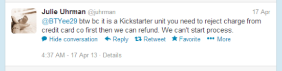 The tweet says that OUYA can't start the refund process, so the backer should chargeback on their credit card to get that refund. 