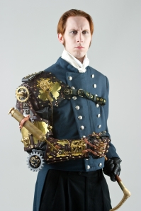 A steampunk man with a metal arm and wearing a military uniform.